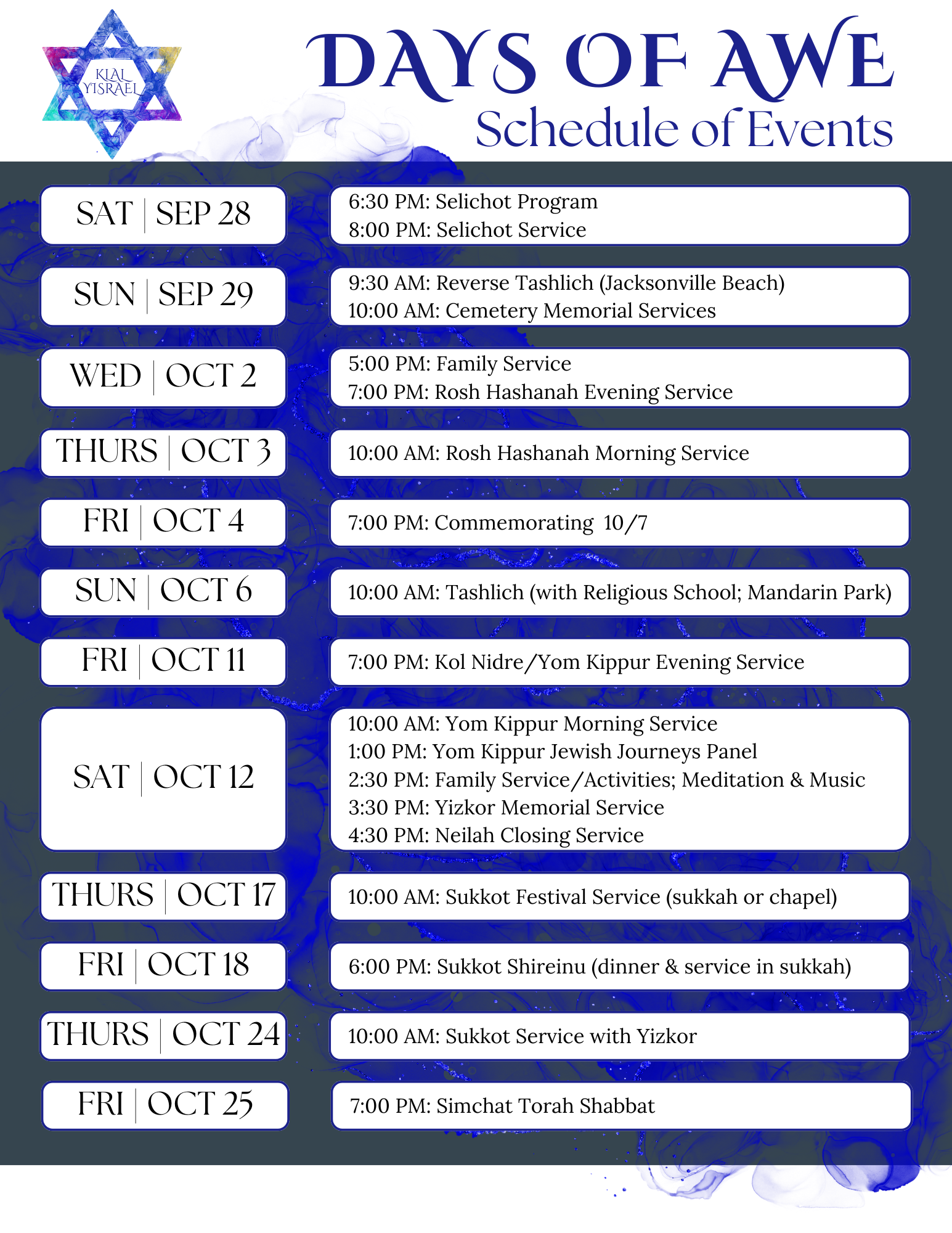 Days of Awe Schedule of Events1